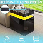 AMERLIFE Ensemble de 3 tables basses modernes laquées brillantes avec éclairage LED et rangement, 2 tables d'appoint avec station de recharge pour salon