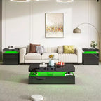 AMERLIFE Ensemble de 3 tables basses modernes laquées brillantes avec éclairage LED et rangement, 2 tables d'appoint avec station de recharge pour salon
