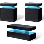 AMERLIFE Ensemble de 3 tables basses modernes laquées brillantes avec éclairage LED et rangement, 2 tables d'appoint avec station de recharge pour salon
