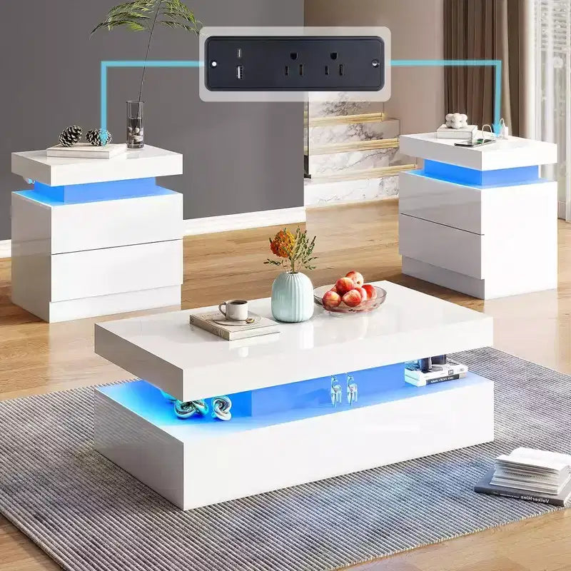 AMERLIFE Ensemble de 3 tables basses modernes laquées brillantes avec éclairage LED et rangement, 2 tables d'appoint avec station de recharge pour salon