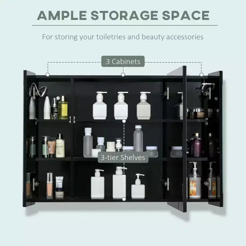 Armoire à pharmacie lumineuse à LED avec miroir, armoire de salle de bain murale de 35,5 l x 25,5 H avec 3 compartiments, fonction mémoire, chargement USB