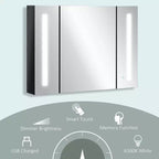 Armoire à pharmacie lumineuse à LED avec miroir, armoire de salle de bain murale de 35,5 l x 25,5 H avec 3 compartiments, fonction mémoire, chargement USB