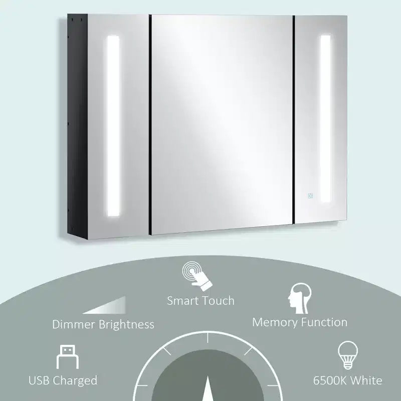 Armoire à pharmacie lumineuse à LED avec miroir, armoire de salle de bain murale de 35,5 l x 25,5 H avec 3 compartiments, fonction mémoire, chargement USB