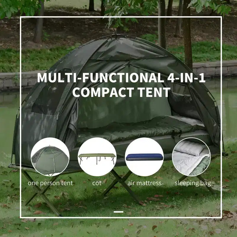 Lits de camp pliables tout-en-un pour adultes, tente surélevée avec sac de couchage, matelas pneumatique épais, lit de camp portable simple