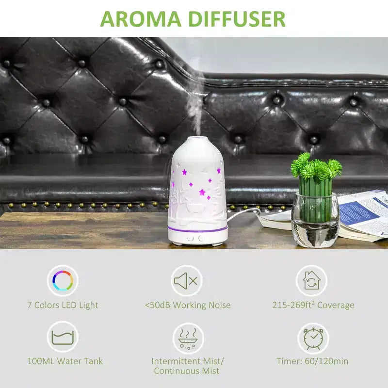 Diffuseur d'aromathérapie ultrasonique 100 ml, humidificateur d'huiles essentielles avec couvercle en céramique, 7 couleurs de lumières LED, minuterie, arrêt automatique sans eau pour la maison