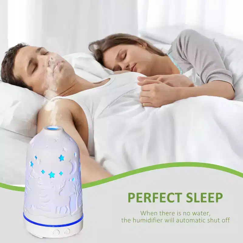 Diffuseur d'aromathérapie ultrasonique 100 ml, humidificateur d'huiles essentielles avec couvercle en céramique, 7 couleurs de lumières LED, minuterie, arrêt automatique sans eau pour la maison