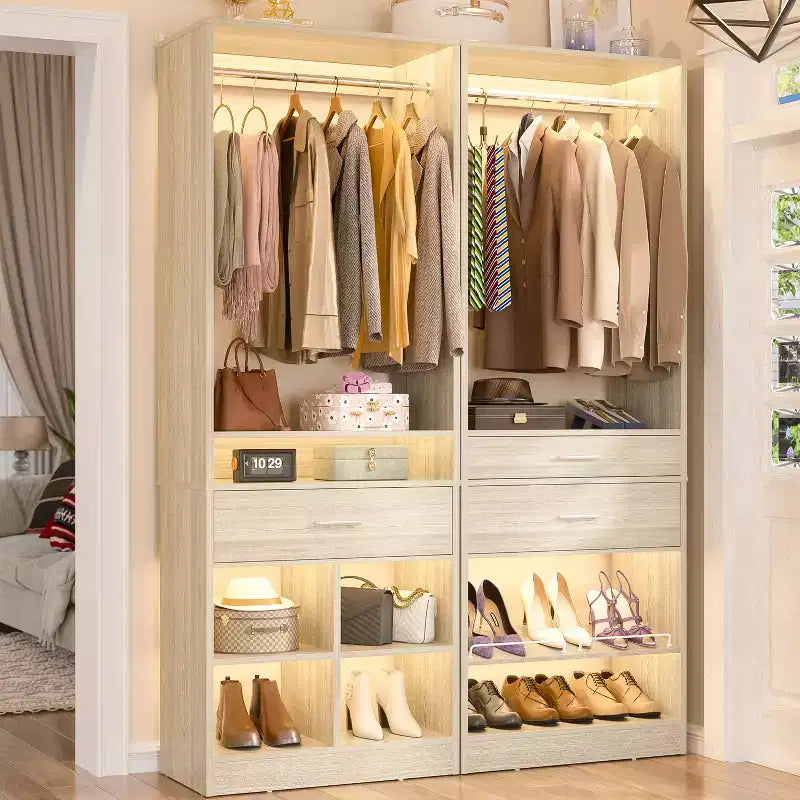 Besiost Système de rangement de placard autoportant de 127 cm avec tiroirs en bois, organisateur de placard avec étagère à chaussures et rangements cubiques