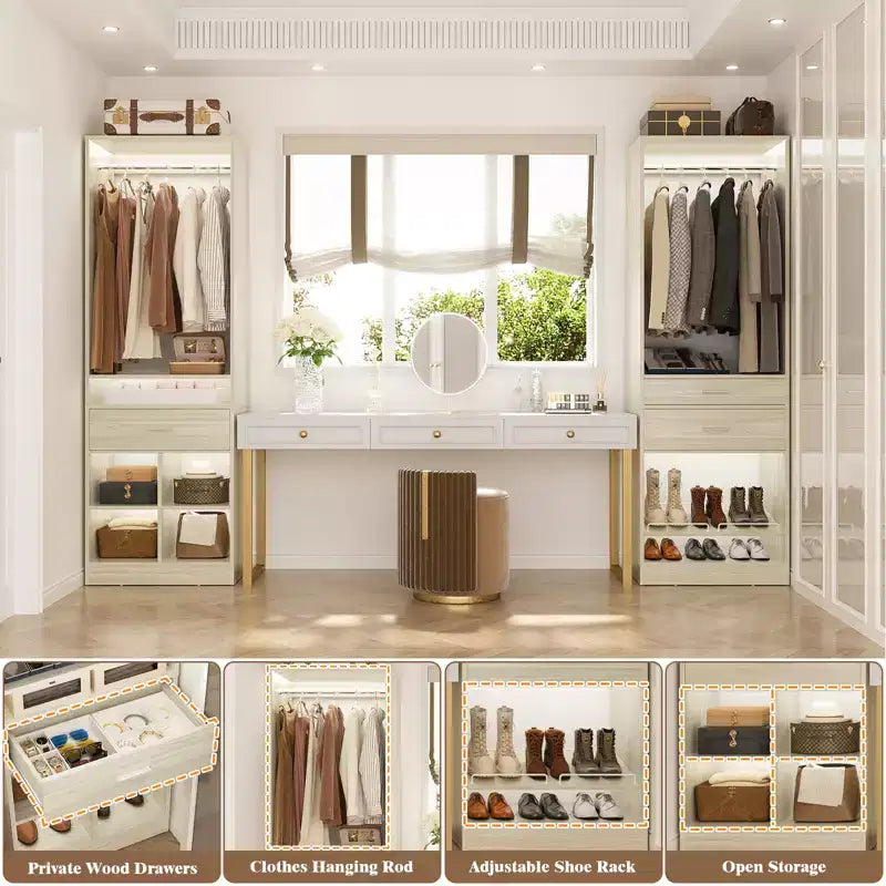 Besiost Système de rangement de placard autoportant de 127 cm avec tiroirs en bois, organisateur de placard avec étagère à chaussures et rangements cubiques