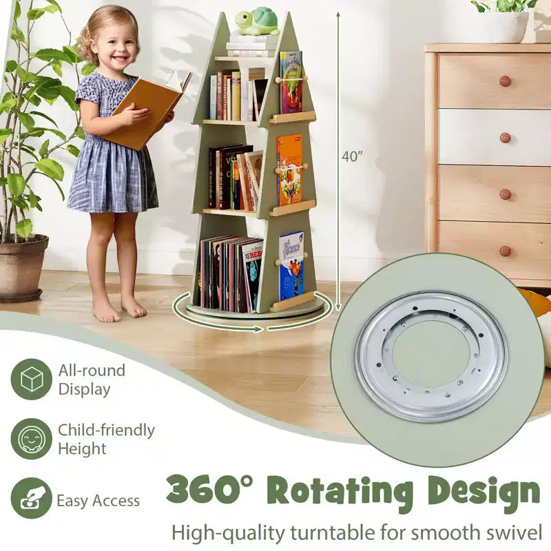 Costway Étagère à Livres Rotative pour Enfants, Bibliothèque Pivotante à 4 Niveaux en Forme d'Arbre, Présentoir Rotatif à 360°