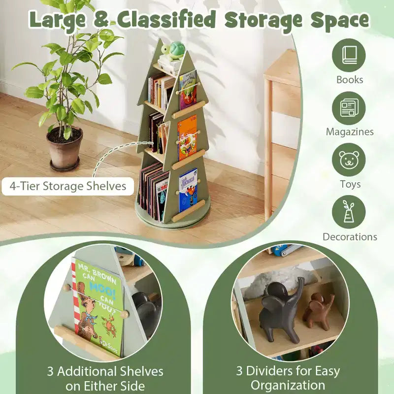 Costway Étagère à Livres Rotative pour Enfants, Bibliothèque Pivotante à 4 Niveaux en Forme d'Arbre, Présentoir Rotatif à 360°