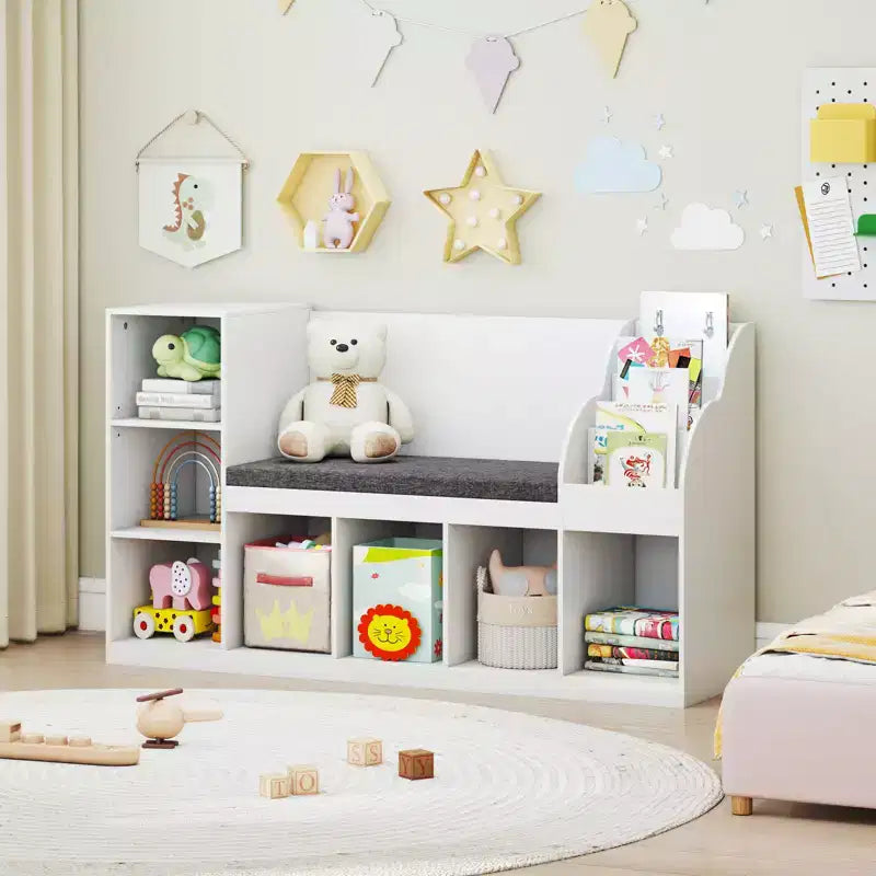Bibliothèque pour enfants Costway en bois avec coin lecture, siège rembourré, cubes ouverts et étagère réglable
