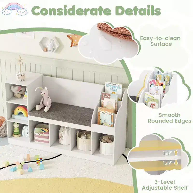 Bibliothèque pour enfants Costway en bois avec coin lecture, siège rembourré, cubes ouverts et étagère réglable