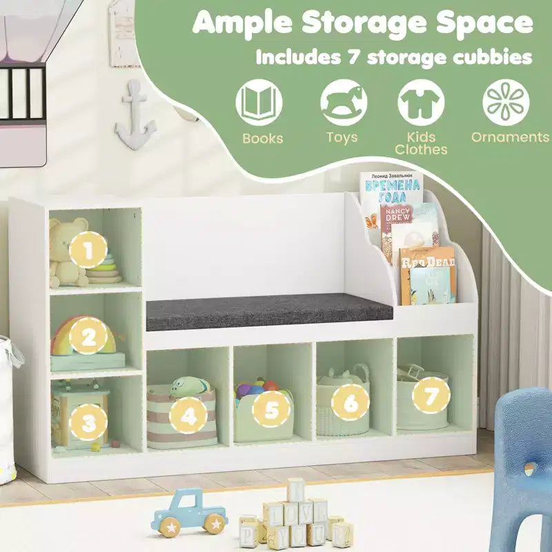 Bibliothèque pour enfants Costway en bois avec coin lecture, siège rembourré, cubes ouverts et étagère réglable