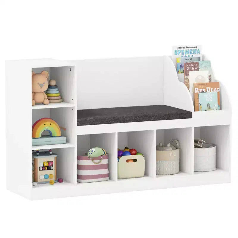 Bibliothèque pour enfants Costway en bois avec coin lecture, siège rembourré, cubes ouverts et étagère réglable