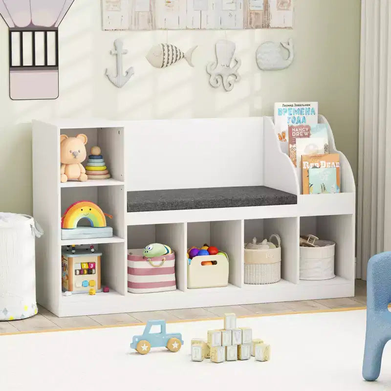 Bibliothèque pour enfants Costway en bois avec coin lecture, siège rembourré, cubes ouverts et étagère réglable