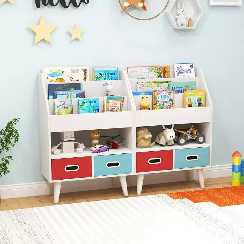 Étagère à livres Costway pour enfants avec 3 niveaux d'étagères, compartiment ouvert et 2 tiroirs en tissu pliable