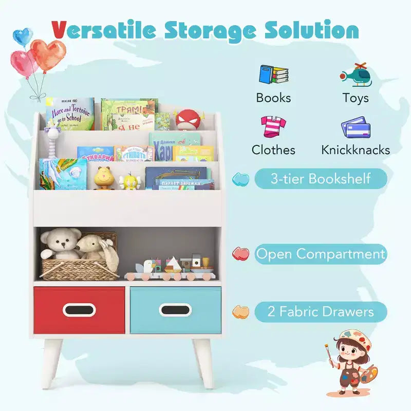 Étagère à livres Costway pour enfants avec 3 niveaux d'étagères, compartiment ouvert et 2 tiroirs en tissu pliable