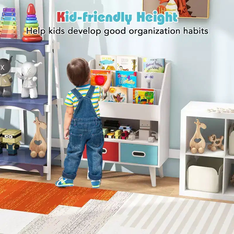 Étagère à livres Costway pour enfants avec 3 niveaux d'étagères, compartiment ouvert et 2 tiroirs en tissu pliable