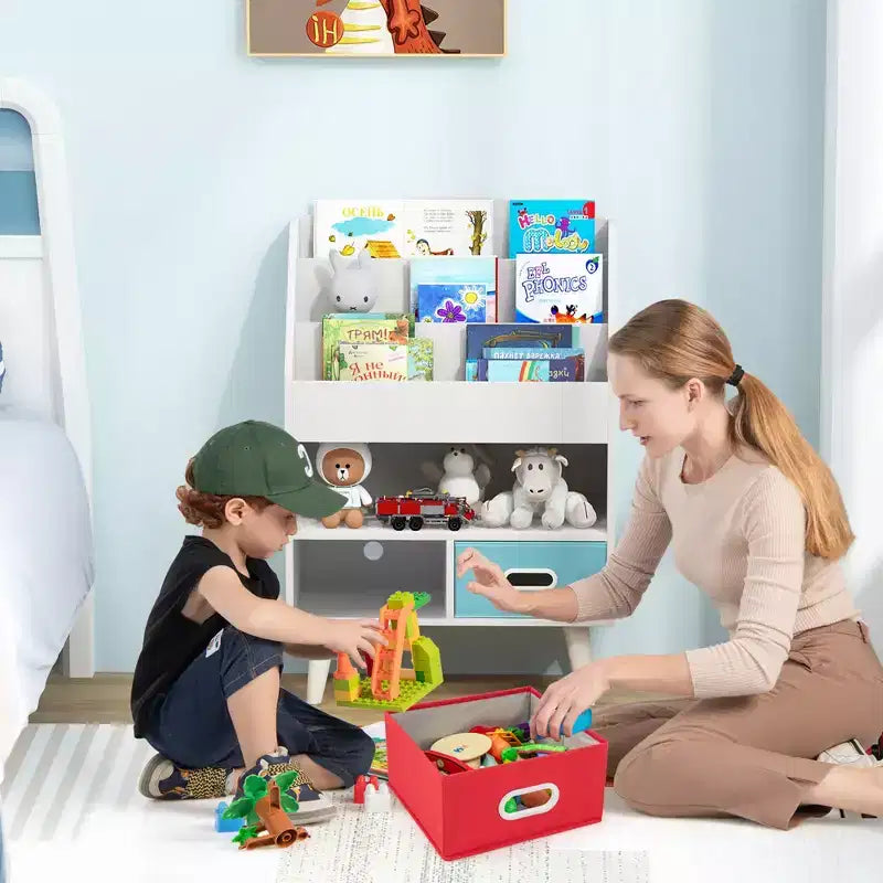 Étagère à livres Costway pour enfants avec 3 niveaux d'étagères, compartiment ouvert et 2 tiroirs en tissu pliable