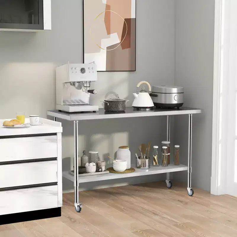 Table de travail Costway en acier inoxydable 152 x 61 cm, table de préparation de cuisine commerciale résistante aux rayures avec étagère inférieure et patins réglables