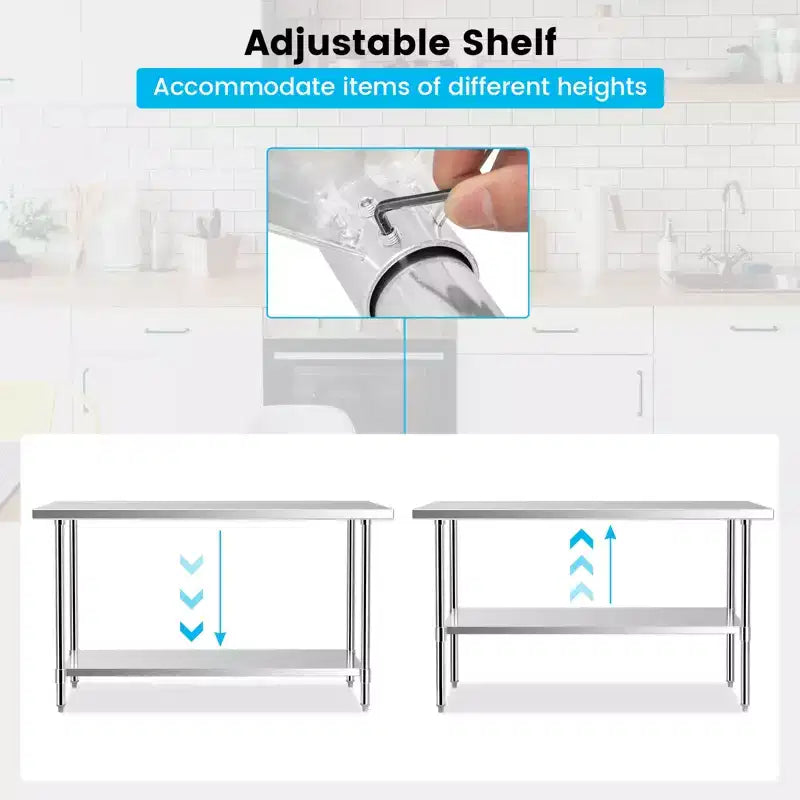 Table de travail Costway en acier inoxydable 152 x 61 cm, table de préparation de cuisine commerciale résistante aux rayures avec étagère inférieure et patins réglables