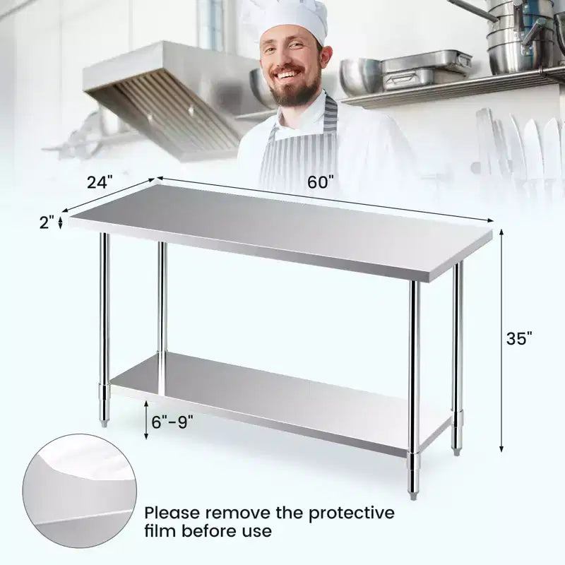 Table de travail Costway en acier inoxydable 152 x 61 cm, table de préparation de cuisine commerciale résistante aux rayures avec étagère inférieure et patins réglables