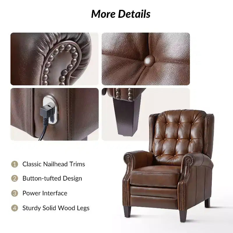 Fauteuil inclinable électrique en cuir véritable Silvia avec pieds en bois massif|ARTFUL LIVING DESIGNS