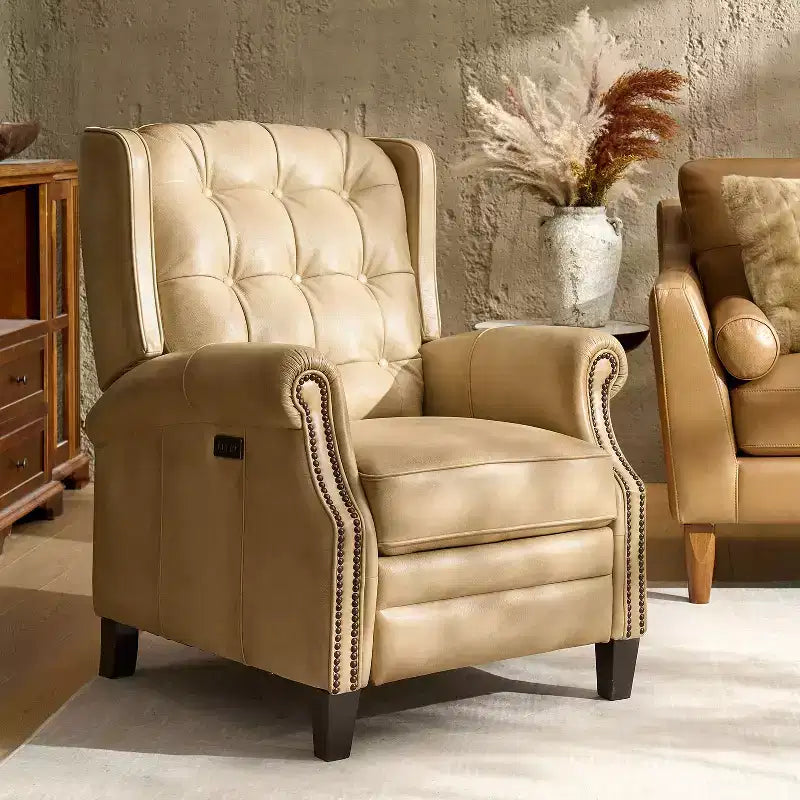 Fauteuil inclinable électrique en cuir véritable Silvia avec pieds en bois massif|ARTFUL LIVING DESIGNS