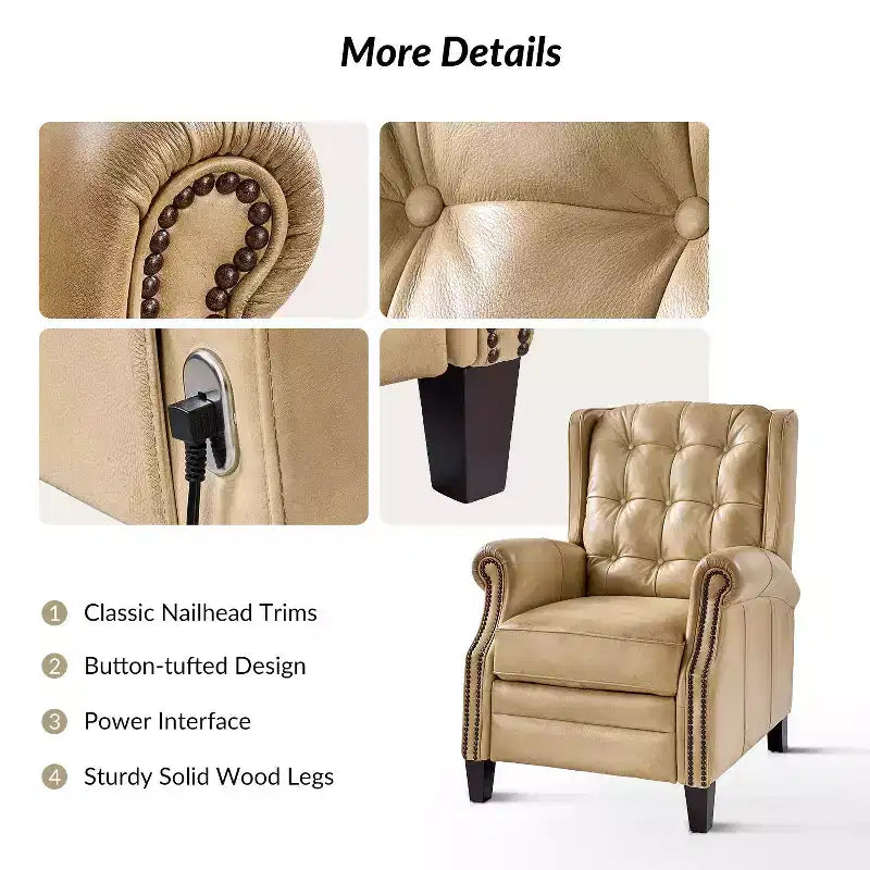 Fauteuil inclinable électrique en cuir véritable Silvia avec pieds en bois massif|ARTFUL LIVING DESIGNS