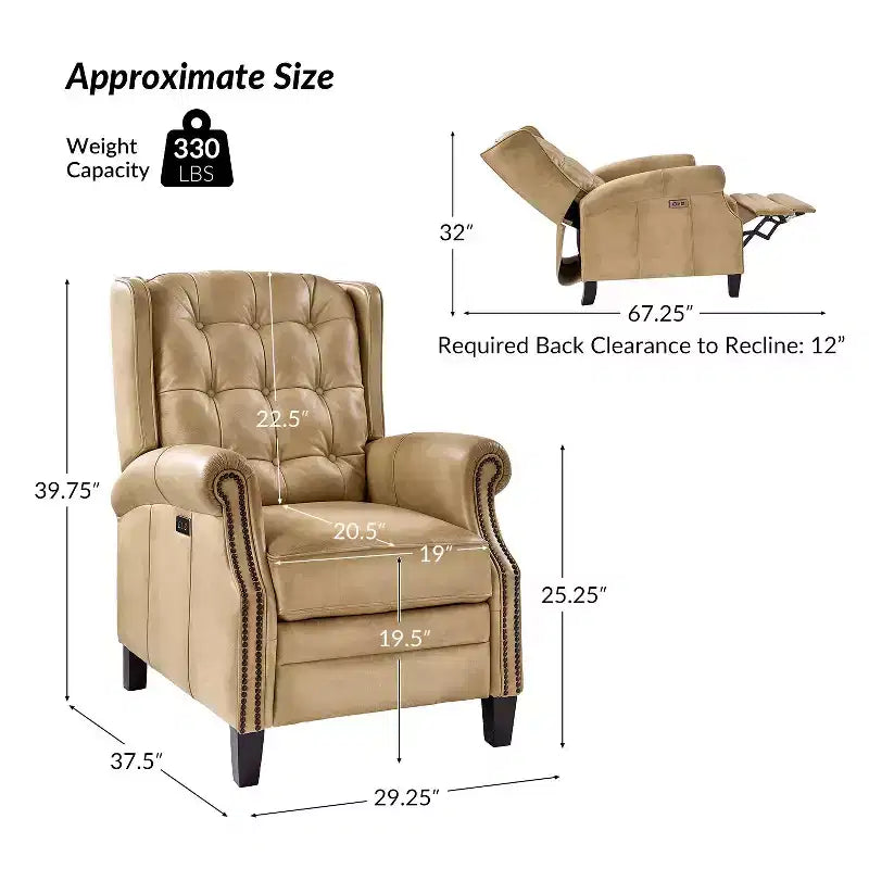 Fauteuil inclinable électrique en cuir véritable Silvia avec pieds en bois massif|ARTFUL LIVING DESIGNS