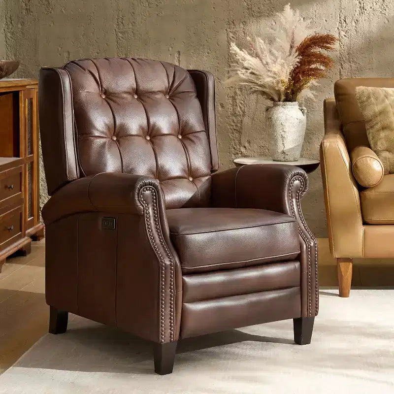 Fauteuil inclinable électrique en cuir véritable Silvia avec pieds en bois massif|ARTFUL LIVING DESIGNS