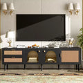 Rattan TV Stand with LED Light for 70 inch TV, Wood TV Storage Cabinet Table with Drawers for Living Room, Black
