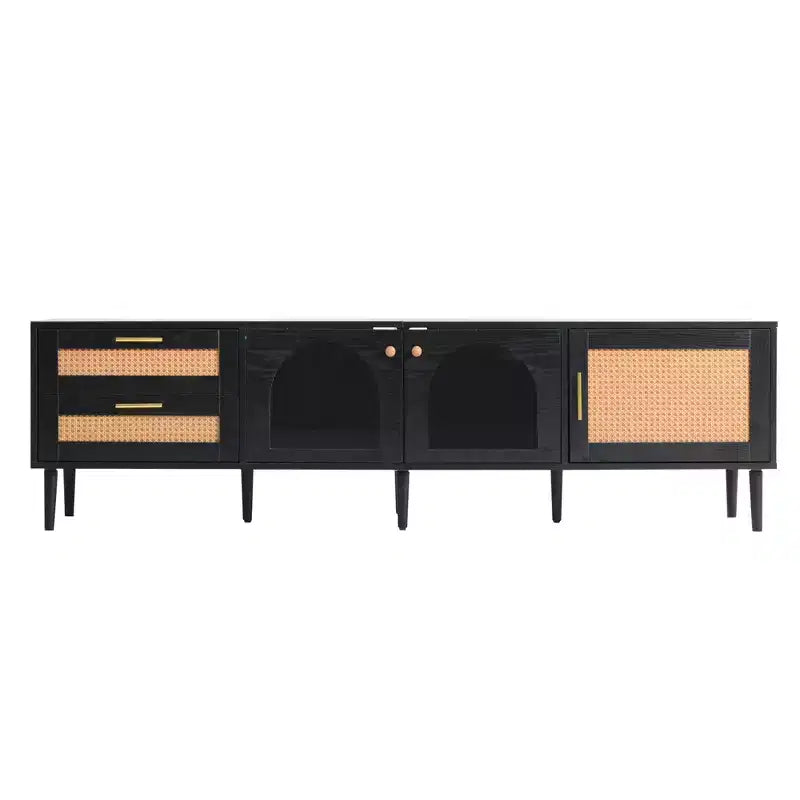 Meuble TV en rotin avec lumière LED pour TV de 70 pouces, meuble de rangement TV en bois avec tiroirs pour salon, noir