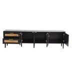 Meuble TV en rotin avec lumière LED pour TV de 70 pouces, meuble de rangement TV en bois avec tiroirs pour salon, noir
