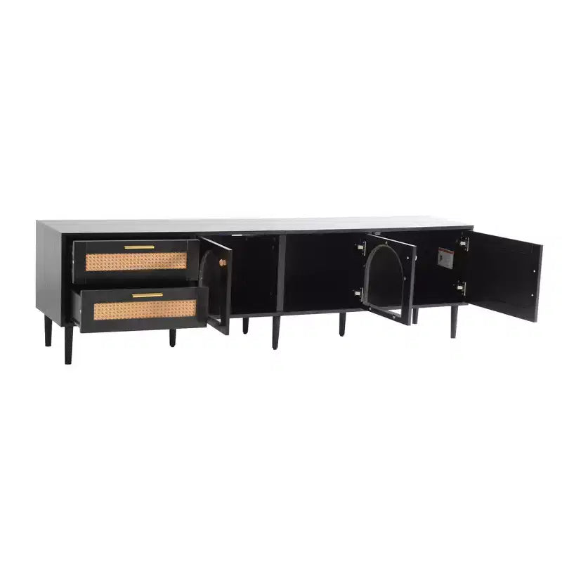 Meuble TV en rotin avec lumière LED pour TV de 70 pouces, meuble de rangement TV en bois avec tiroirs pour salon, noir