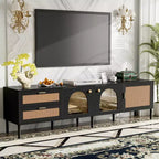 Meuble TV en rotin avec lumière LED pour TV de 70 pouces, meuble de rangement TV en bois avec tiroirs pour salon, noir