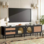 Meuble TV en rotin avec lumière LED pour TV de 70 pouces, meuble de rangement TV en bois avec tiroirs pour salon, noir
