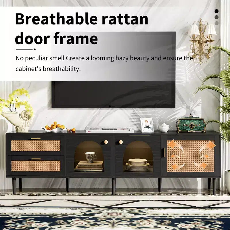 Meuble TV en rotin avec lumière LED pour TV de 70 pouces, meuble de rangement TV en bois avec tiroirs pour salon, noir