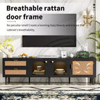 Meuble TV en rotin avec lumière LED pour TV de 70 pouces, meuble de rangement TV en bois avec tiroirs pour salon, noir