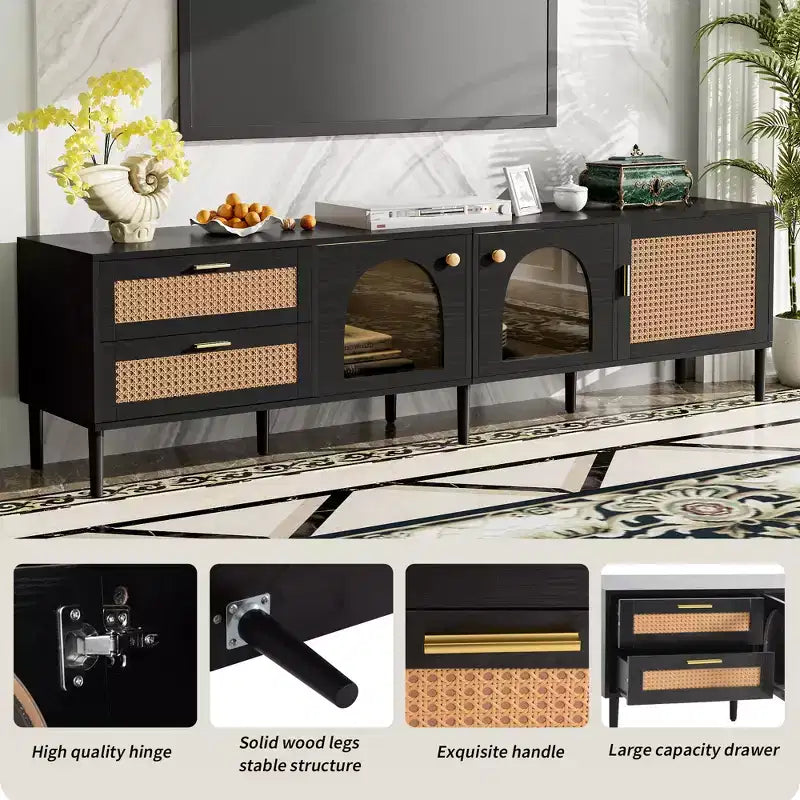 Meuble TV en rotin avec lumière LED pour TV de 70 pouces, meuble de rangement TV en bois avec tiroirs pour salon, noir
