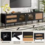 Meuble TV en rotin avec lumière LED pour TV de 70 pouces, meuble de rangement TV en bois avec tiroirs pour salon, noir
