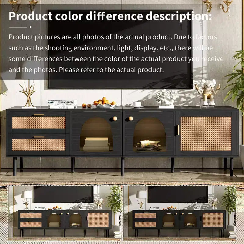 Meuble TV en rotin avec lumière LED pour TV de 70 pouces, meuble de rangement TV en bois avec tiroirs pour salon, noir