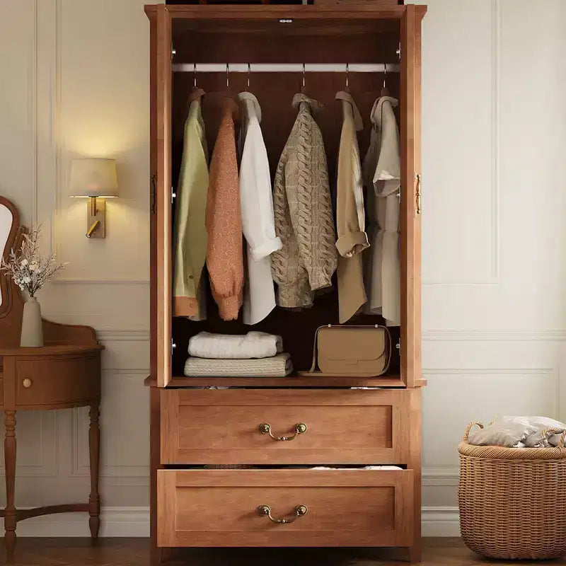 Armoire en bois avec 2 tiroirs, armoire de rangement pour vêtements de 180 cm de haut avec tringle à vêtements en métal, organisateur de vêtements pour chambre à coucher, vestiaire