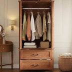 Armoire en bois avec 2 tiroirs, armoire de rangement pour vêtements de 180 cm de haut avec tringle à vêtements en métal, organisateur de vêtements pour chambre à coucher, vestiaire