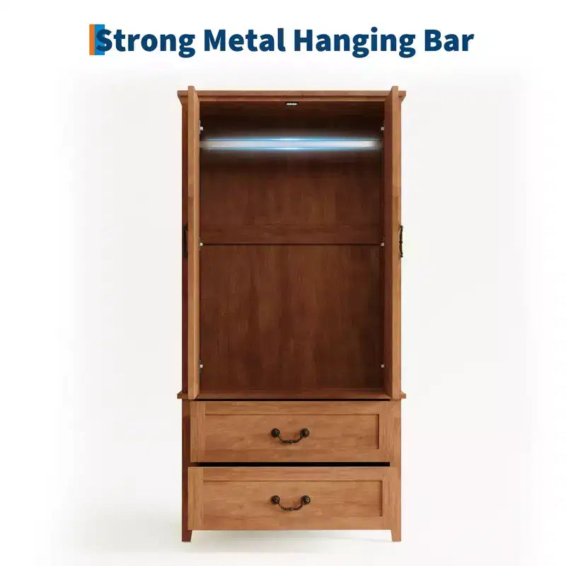 Armoire en bois avec 2 tiroirs, armoire de rangement pour vêtements de 180 cm de haut avec tringle à vêtements en métal, organisateur de vêtements pour chambre à coucher, vestiaire