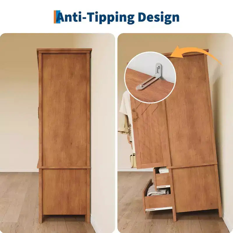Armoire en bois avec 2 tiroirs, armoire de rangement pour vêtements de 180 cm de haut avec tringle à vêtements en métal, organisateur de vêtements pour chambre à coucher, vestiaire