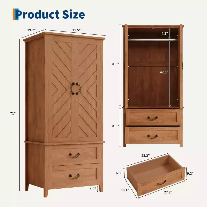 Armoire en bois avec 2 tiroirs, armoire de rangement pour vêtements de 180 cm de haut avec tringle à vêtements en métal, organisateur de vêtements pour chambre à coucher, vestiaire