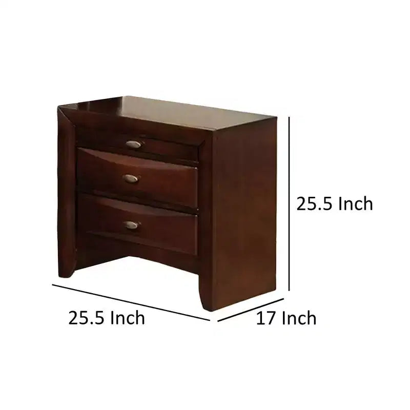 Table de chevet Royal Hampton, dessus spacieux, nickel, 3 tiroirs, bois massif brun cerisier
