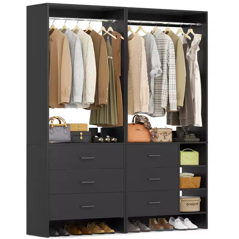 Besiost Ensemble de Système de Rangement de Placard 54 Pouces avec Tiroirs en Bois, Organisateur de Placard Autonome avec Tiges de Suspension