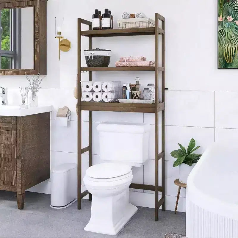 Étagère de Rangement pour Salle de Bain Au-dessus des Toilettes Meuble de Rangement WC sur Pied Gain de Place 3 Niveaux Étagères Réglables Noyer